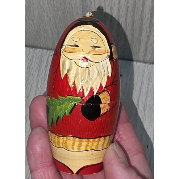 Vtg Handpainted Wooden Sata Claus Christmas Ornament Russian Nesting Doll 3" - Picture 2 of 6